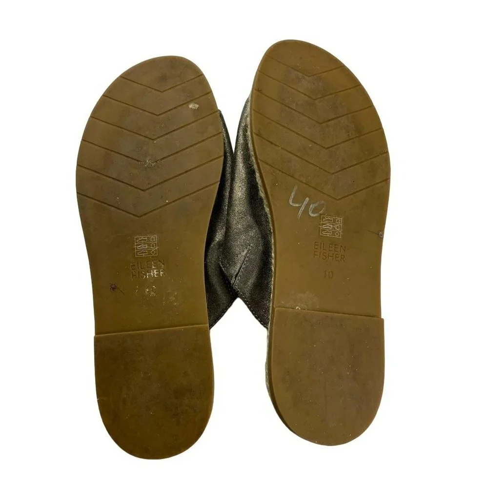Eileen Fisher Metallic Pewter Milly Mule Espadrille Leather‎ Open Toe Sandals 10